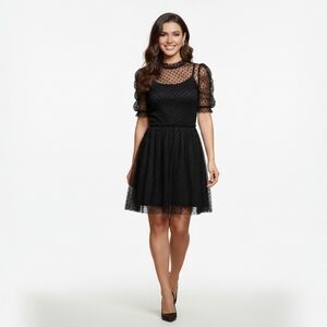 Gap Black Puff Sleeve Polka Dot Mesh Mini Dress XS |Crewneck Sheer Overlay Party